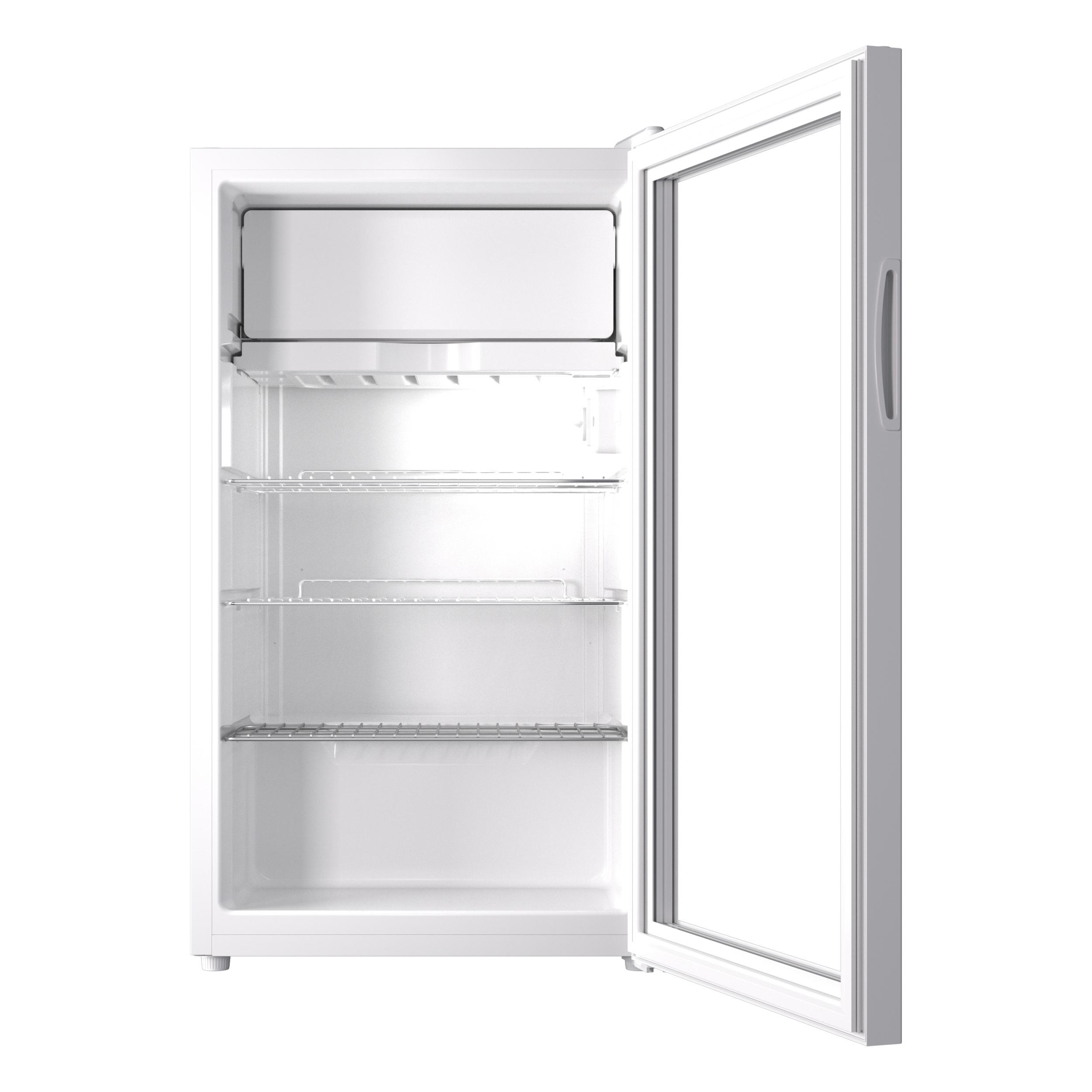 Ein leerer weißer Kühlschrank mit einem Fach oben und drei Regalen.