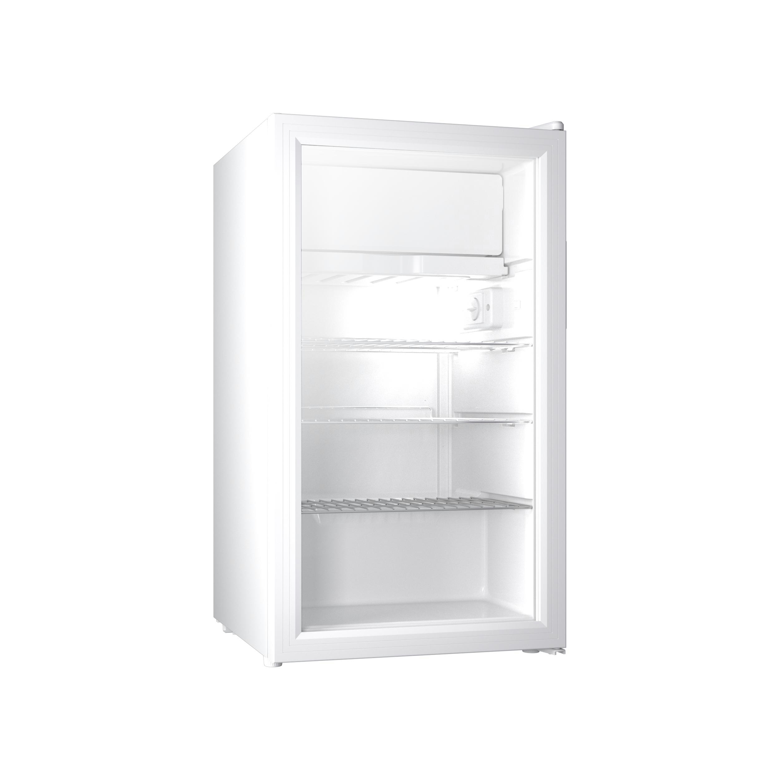 Ein weißer Minikühlschrank mit Glastür und zwei Einlegeböden.