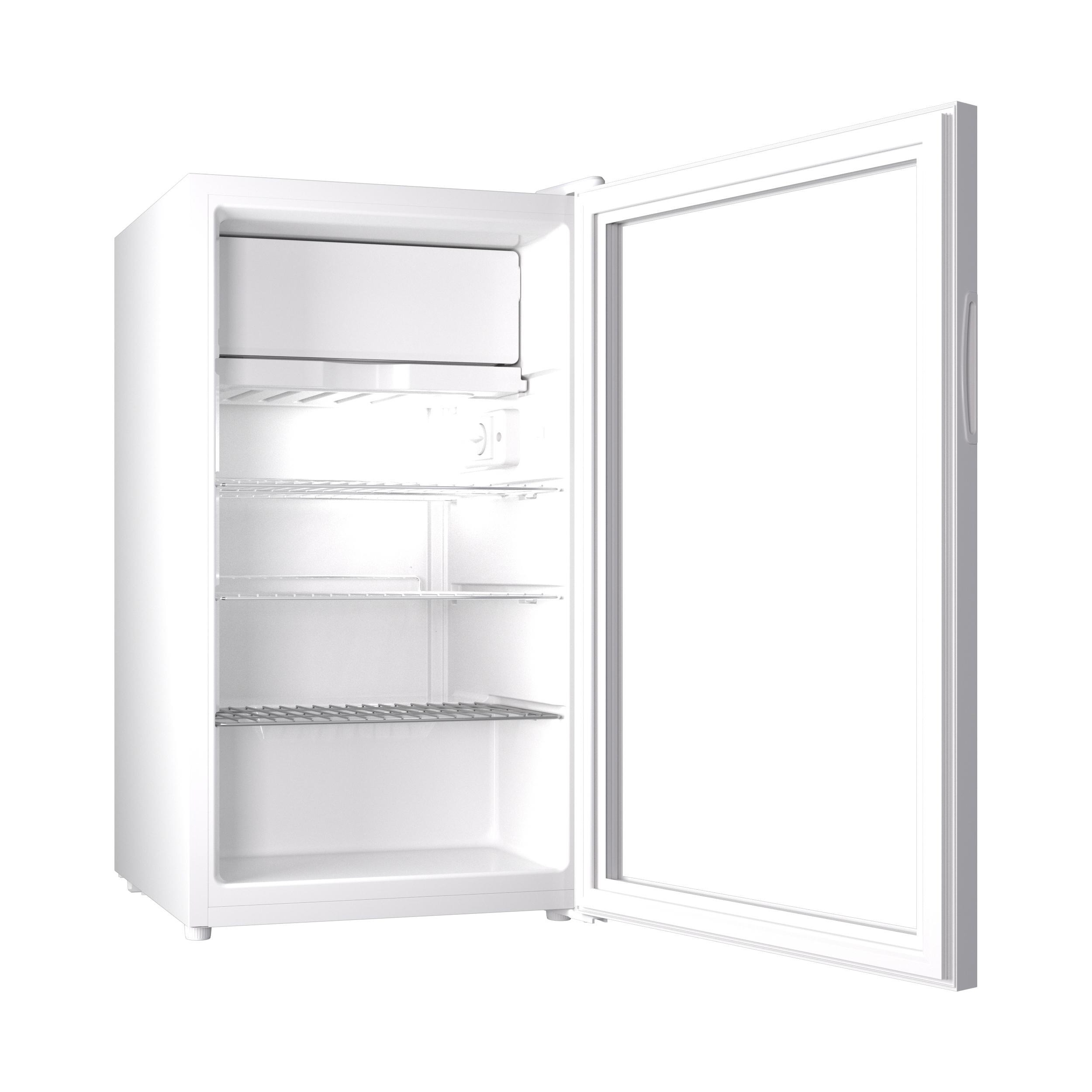 Ein weißer Kühlschrank mit offener Tür und Regalen.