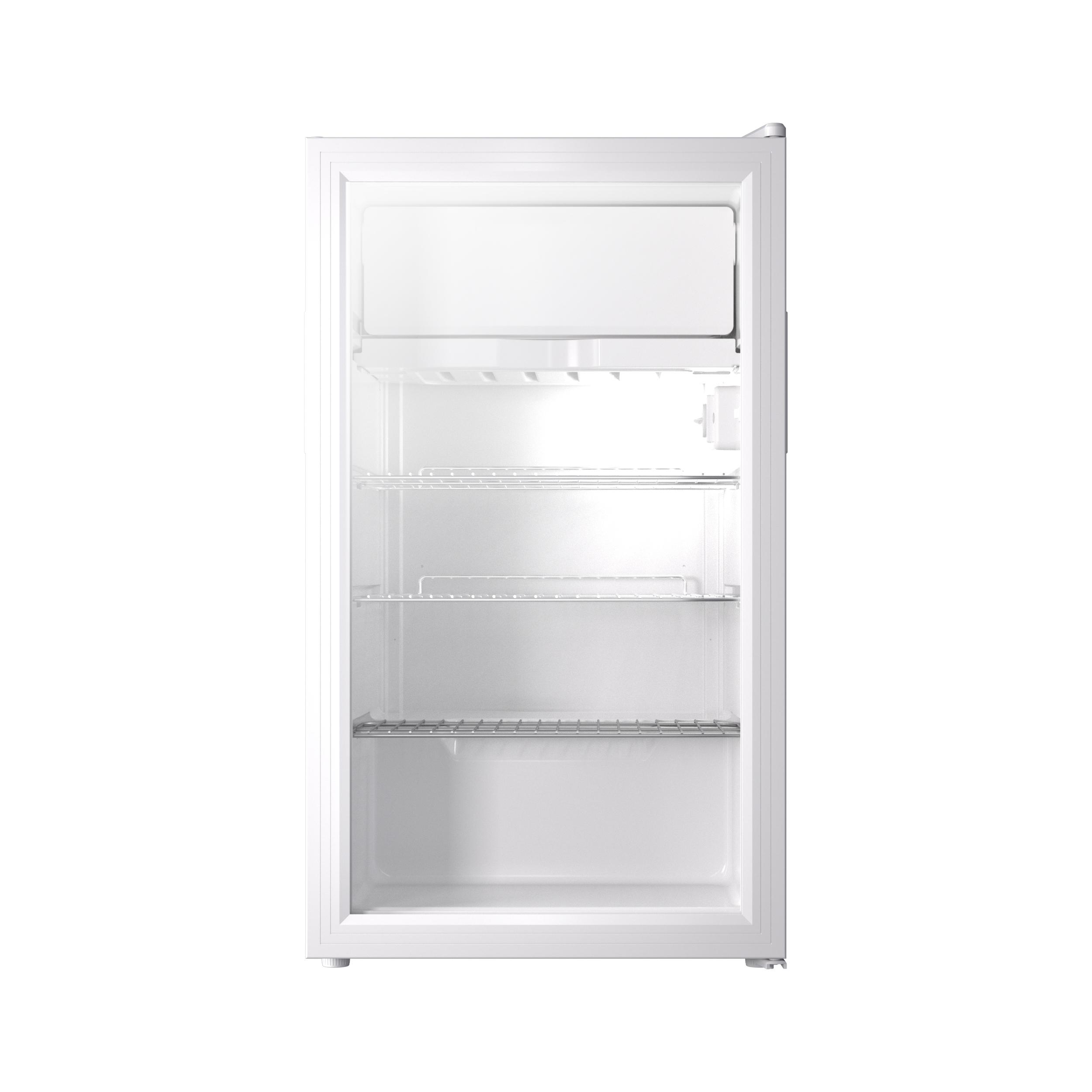 Ein leerer weißer Kühlschrank mit Glasfront und drei Regalen.