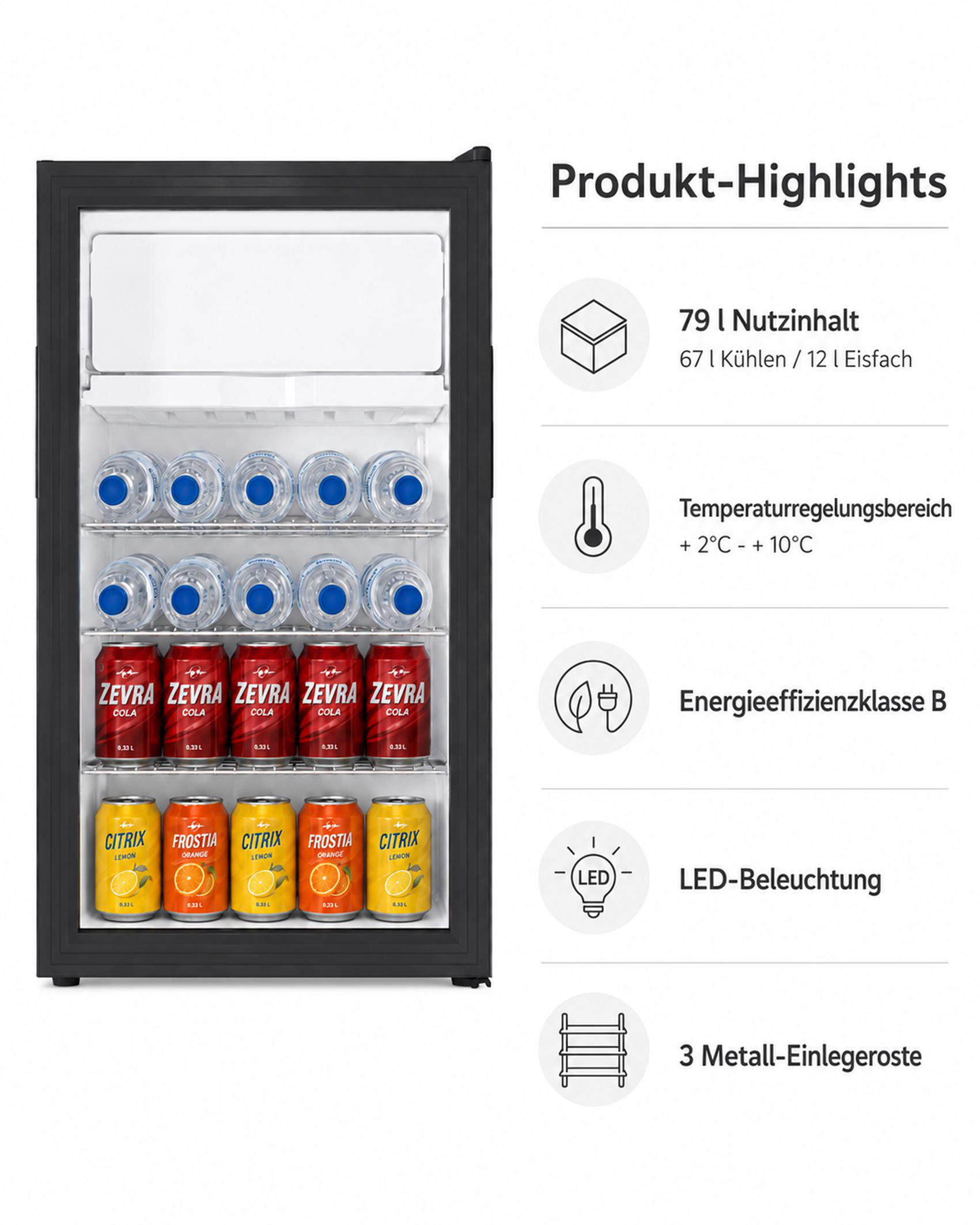 Kühlschrank mit Wasserflaschen, Zevra Cola und Citrix Getränkedosen.