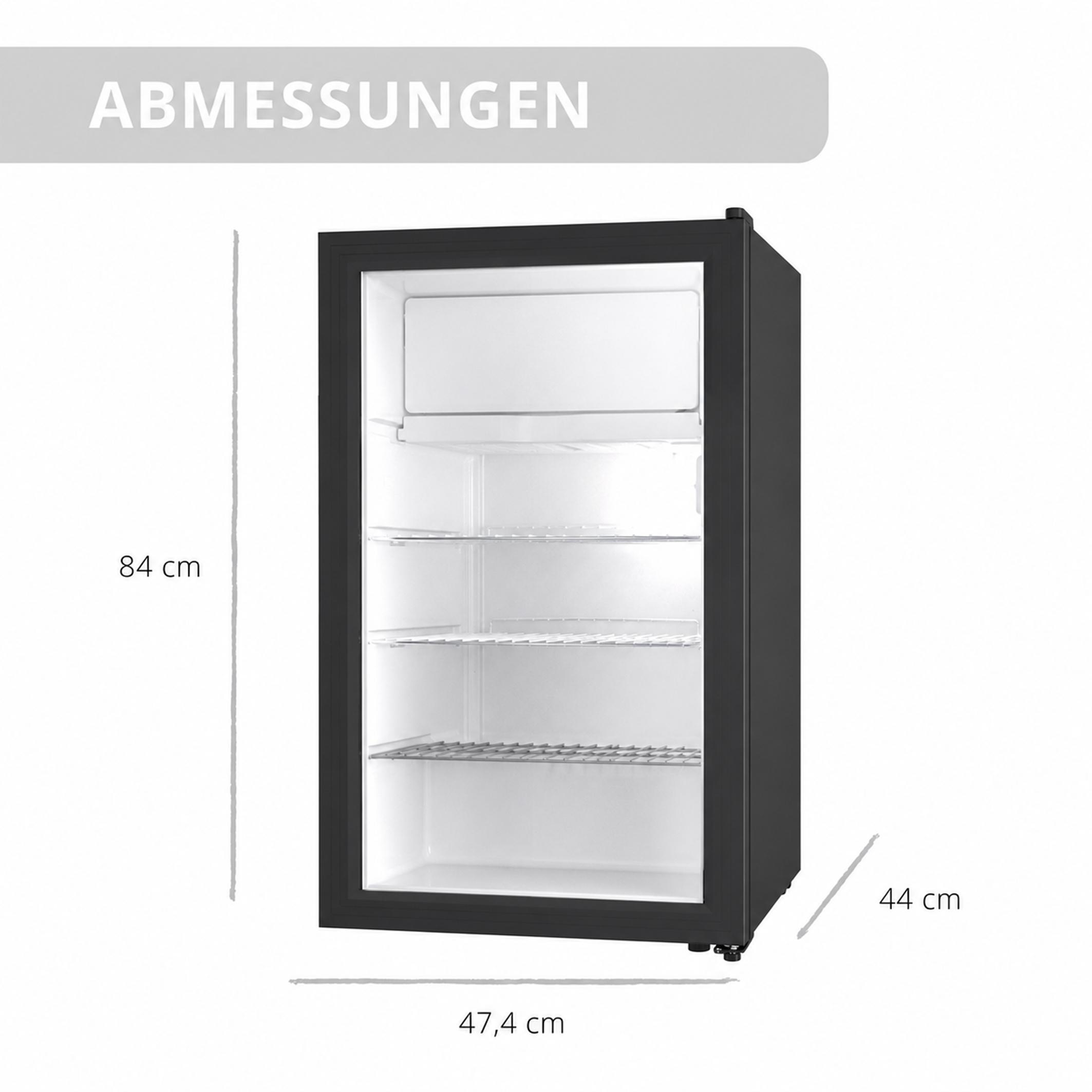 Kühlschrank mit Glasfront, 84x47,4x44 cm, innen mit vier Regalen.