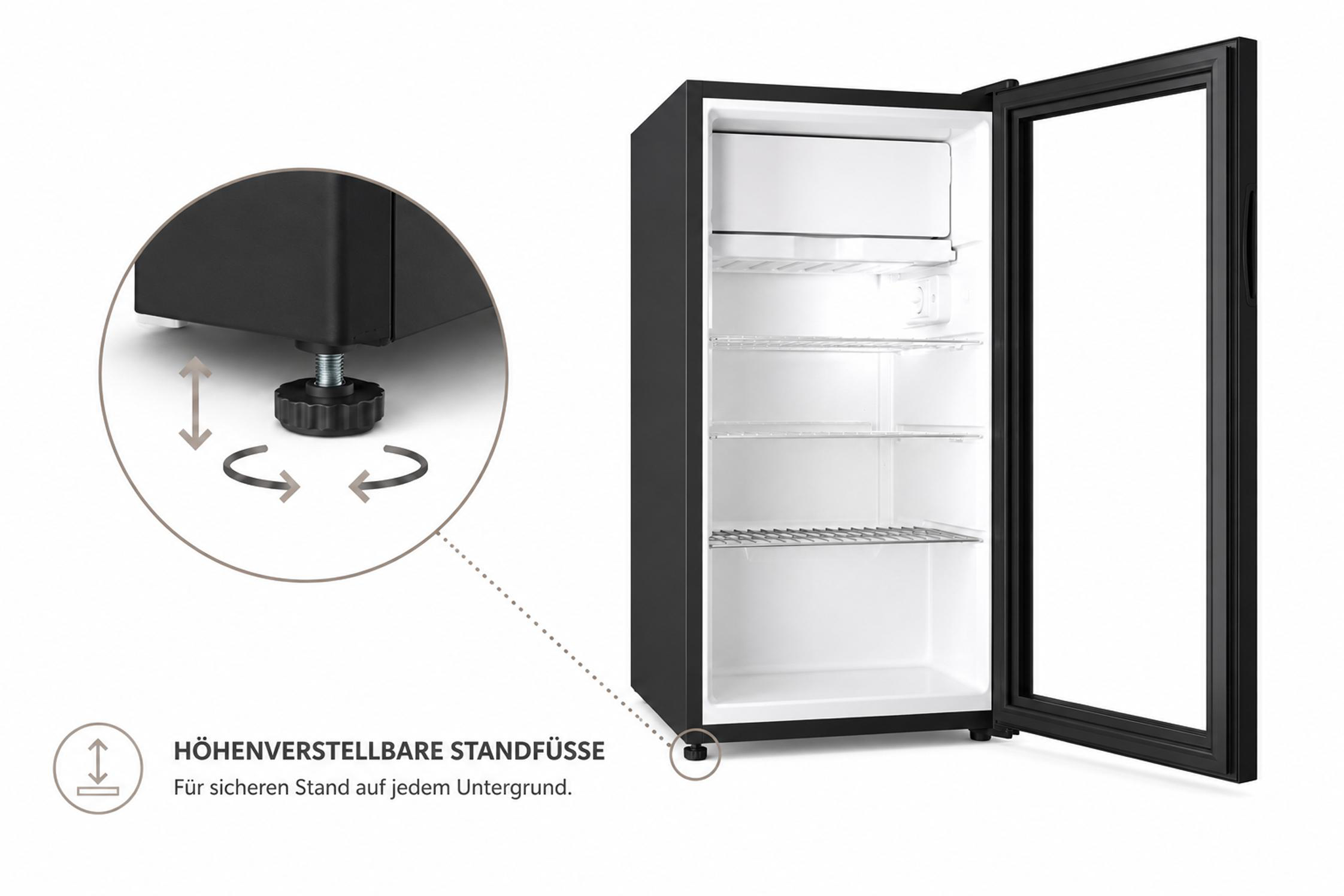 Ein schwarzer Kühlschrank mit offener Tür und verstellbaren Füßen.