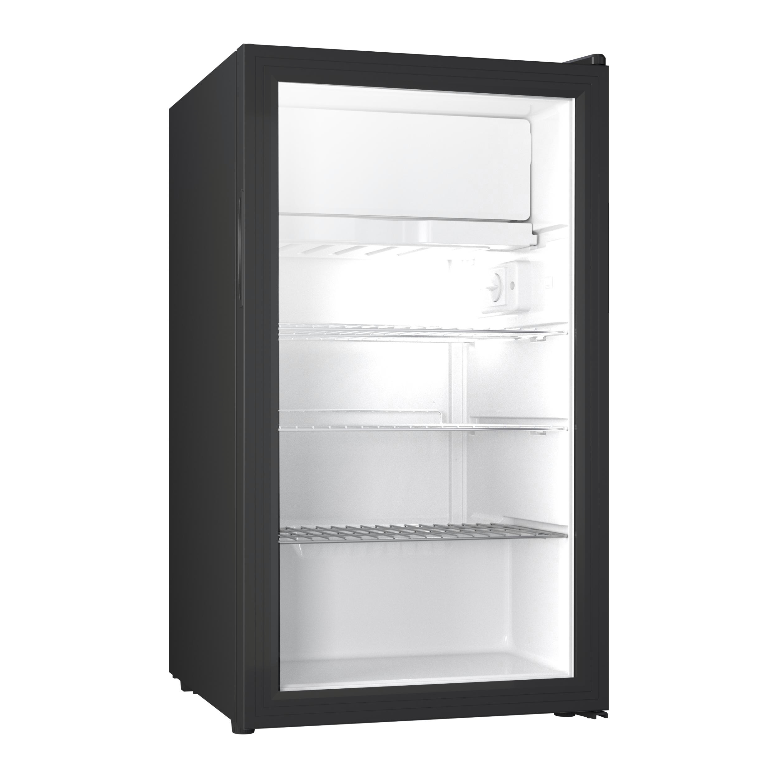 Ein leerer, schwarzer Minikühlschrank mit Glastür und Regalen.