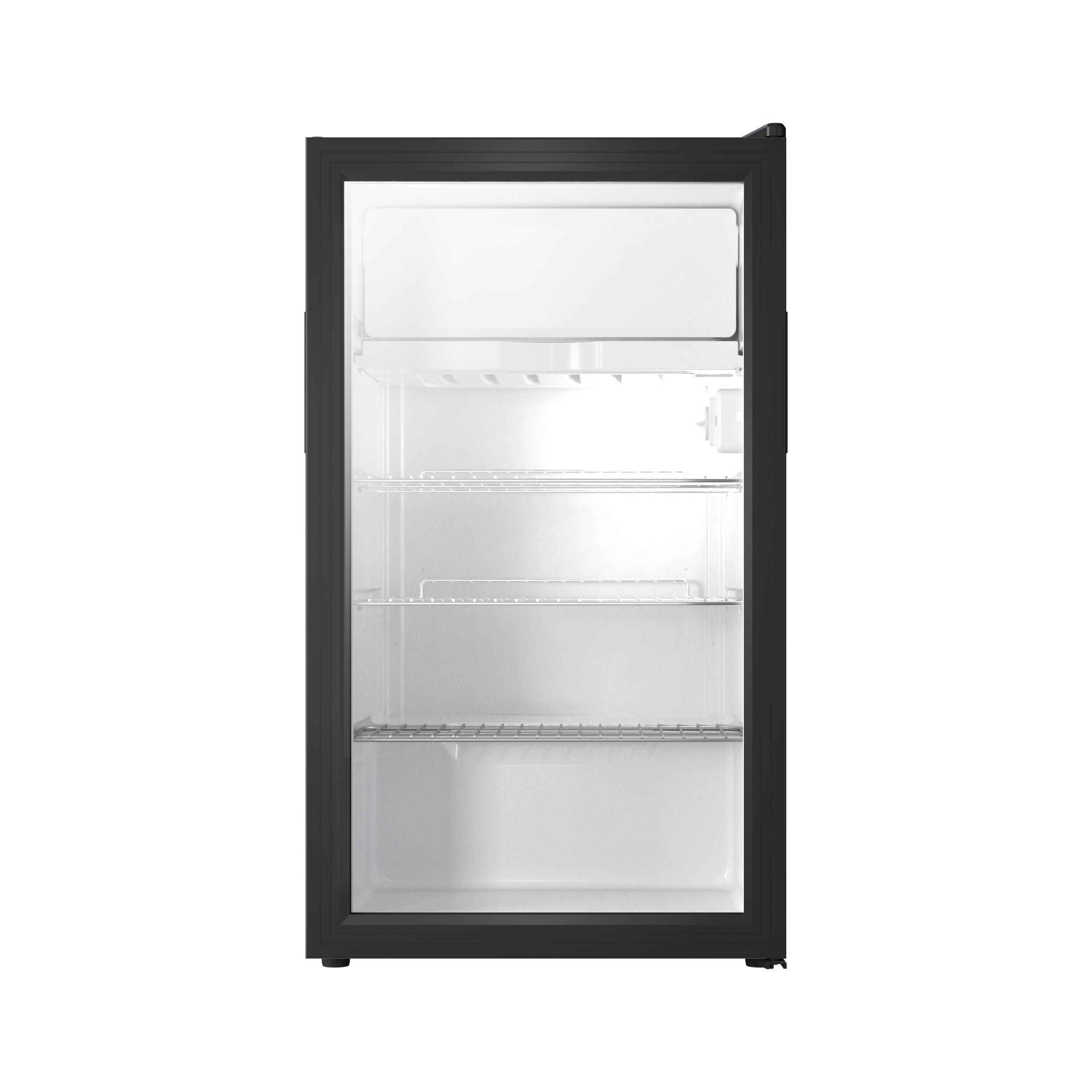 Ein leerer, schwarzer Kühlschrank mit Glastür und Regalen.