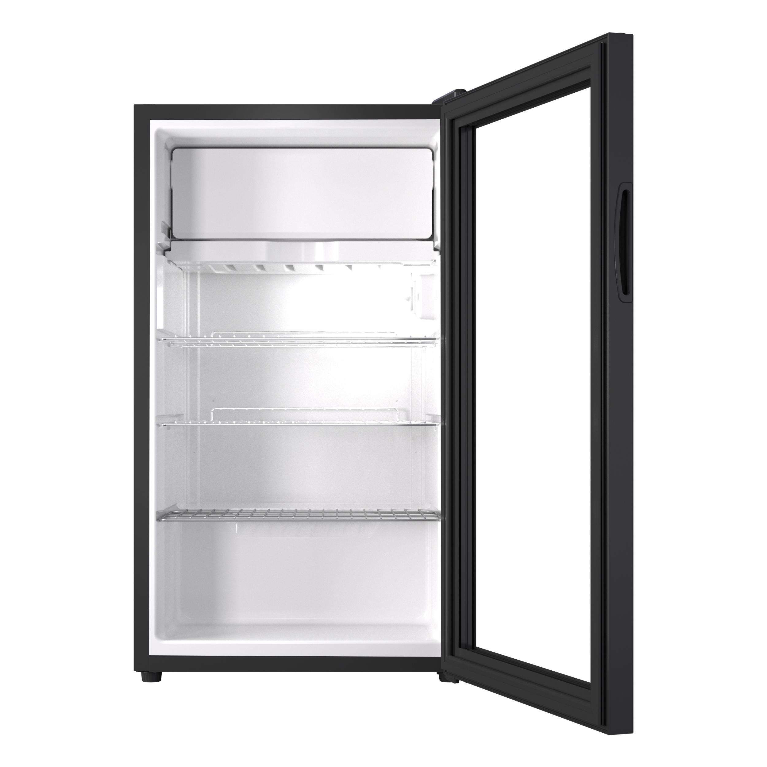 Ein leerer schwarzer Kühlschrank mit Glastür, die geöffnet ist.