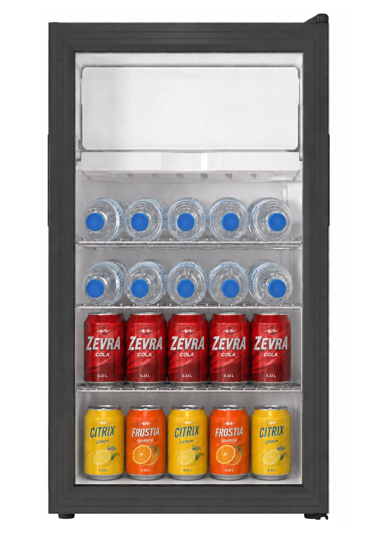 Ein Kühlschrank mit Wasserflaschen, Cola-Dosen und Zitrusgetränkedosen.
