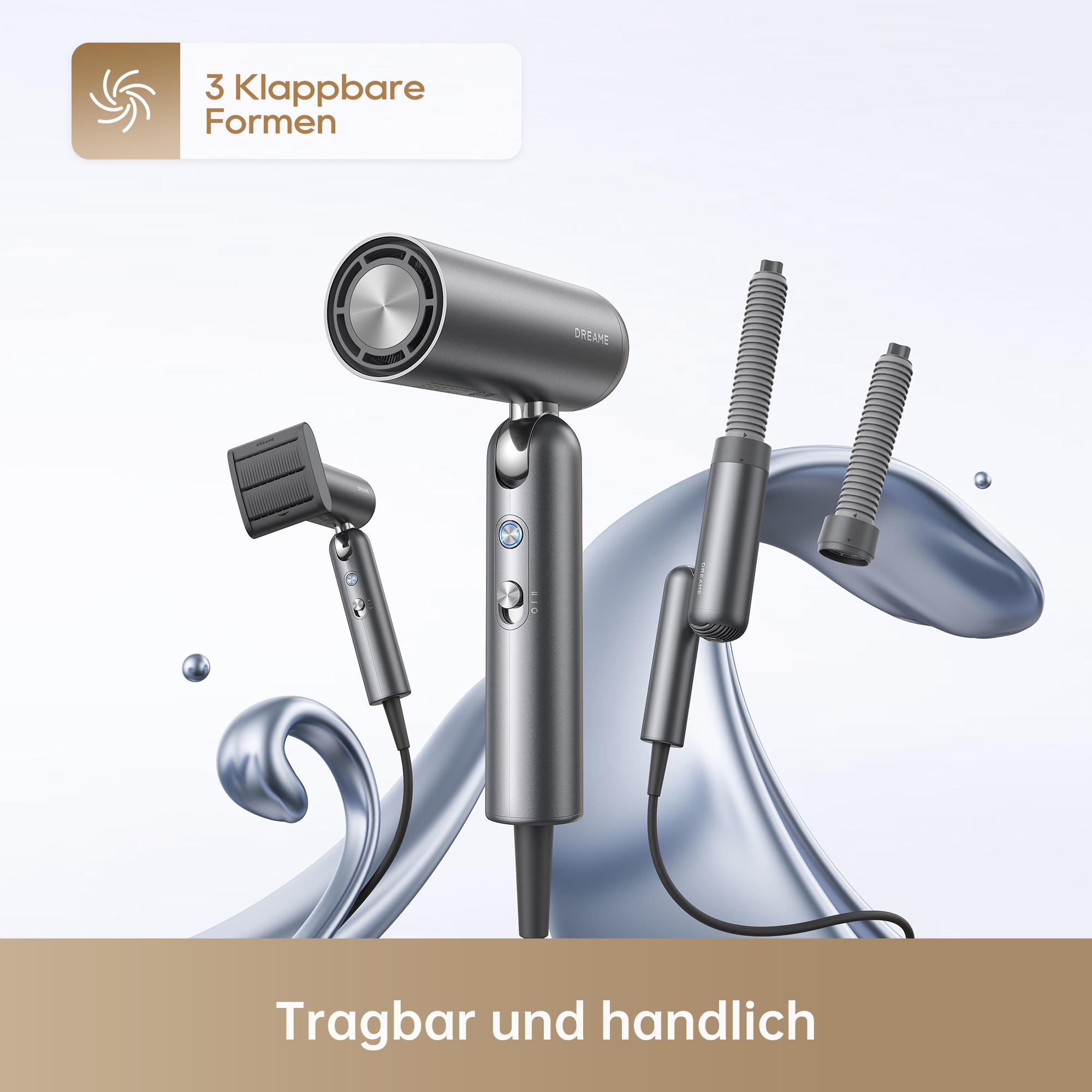 Grauer Haartrockner mit drei Aufsätzen auf glänzendem Untergrund.