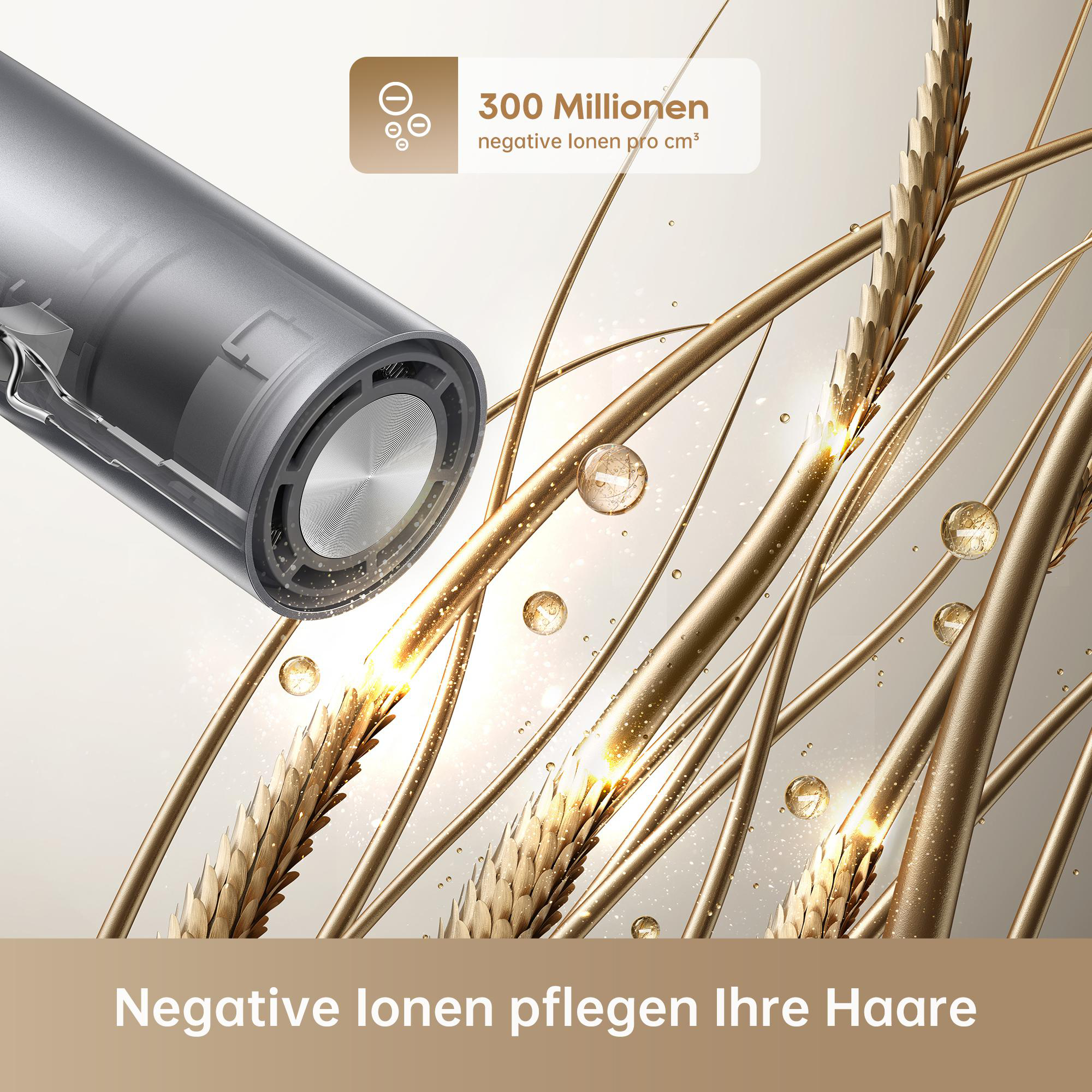 Ein Haartrockner sprüht negative Ionen auf goldene Haare.