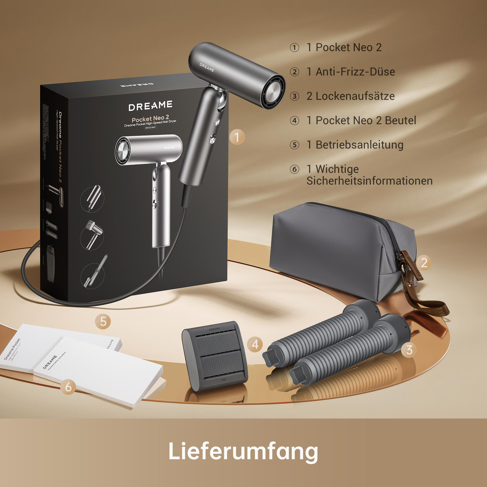 Dreiame Pocket Neo 2 Haartrockner mit Zubehör: Düsen, Beutel, Anleitung.