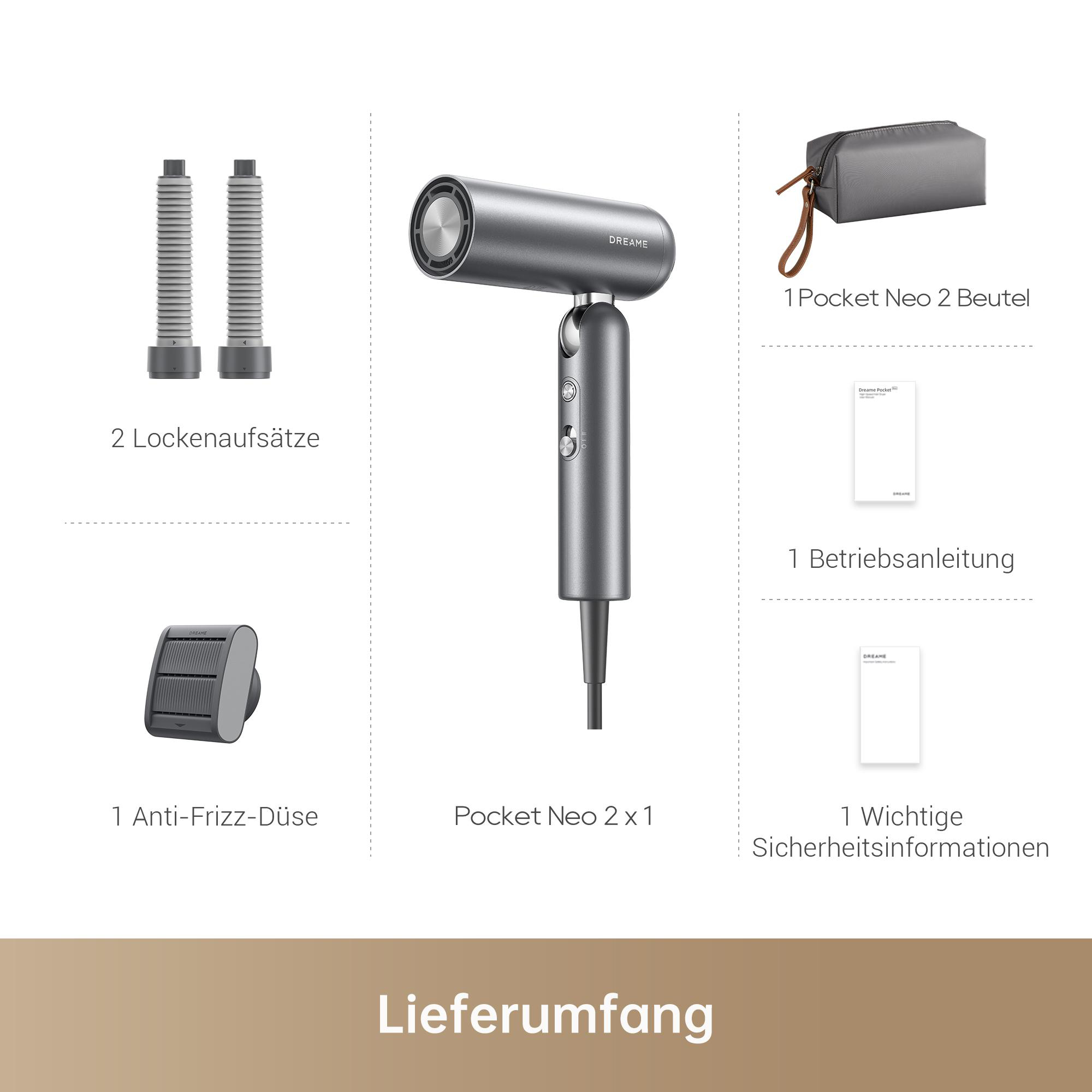 Lieferumfang: Haartrockner, Beutel, 2 Lockenaufsätze, Anti-Frizz-Düse, Anleitung.