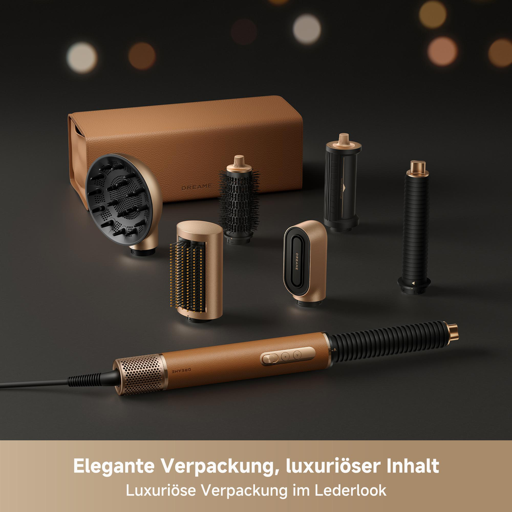 Ein luxuriöses Haartrockner-Set mit Lederetui und mehreren Aufsätzen.