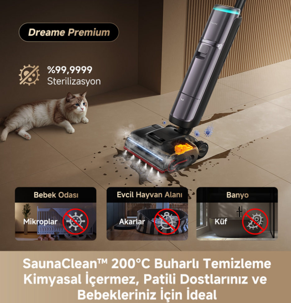 Bir süpürge yeri temizliyor, kedi yanında yatıyor. Mikrop, akar, küf temizliğini gösteriyor.