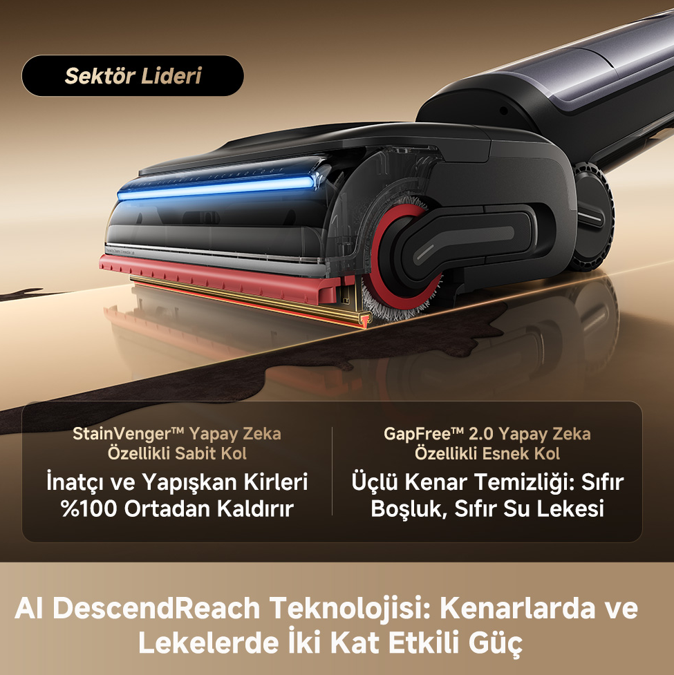 Mavi LED ışıklı siyah süpürge başlığı zemini temizliyor.