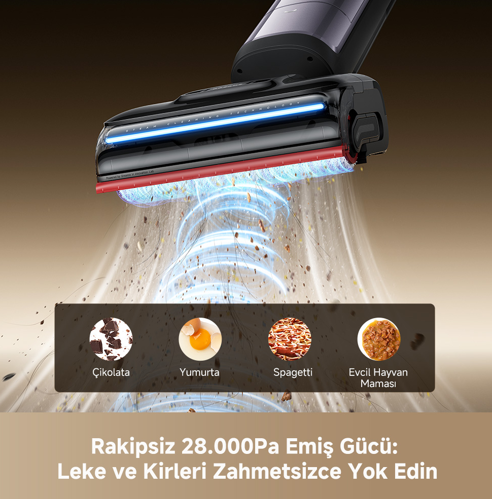 Elektrikli süpürge kir, çikolata, yumurta, spagetti ve evcil hayvan maması çekiyor.