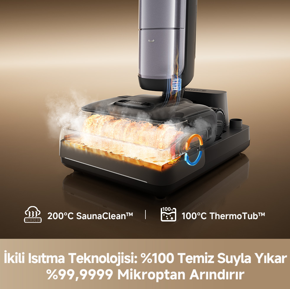 200°C SaunaClean™ ve 100°C ThermoTub özellikli elektrikli süpürge.