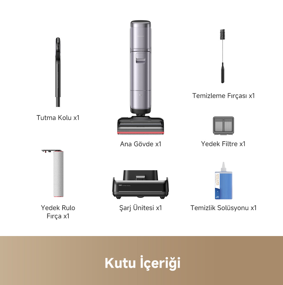 Ana gövde, tutma kolu, temizleme fırçası, yedek rulo, şarj ünitesi, filtre.