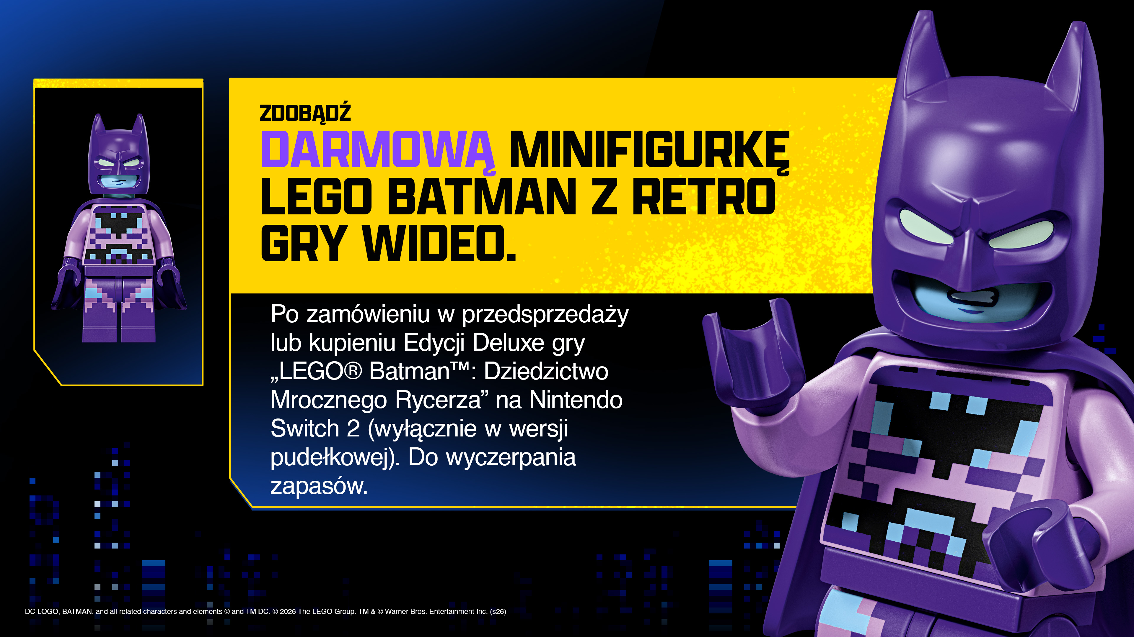 Fioletowa minifigurka LEGO Batman z retro designem gry wideo, promująca ofertę.