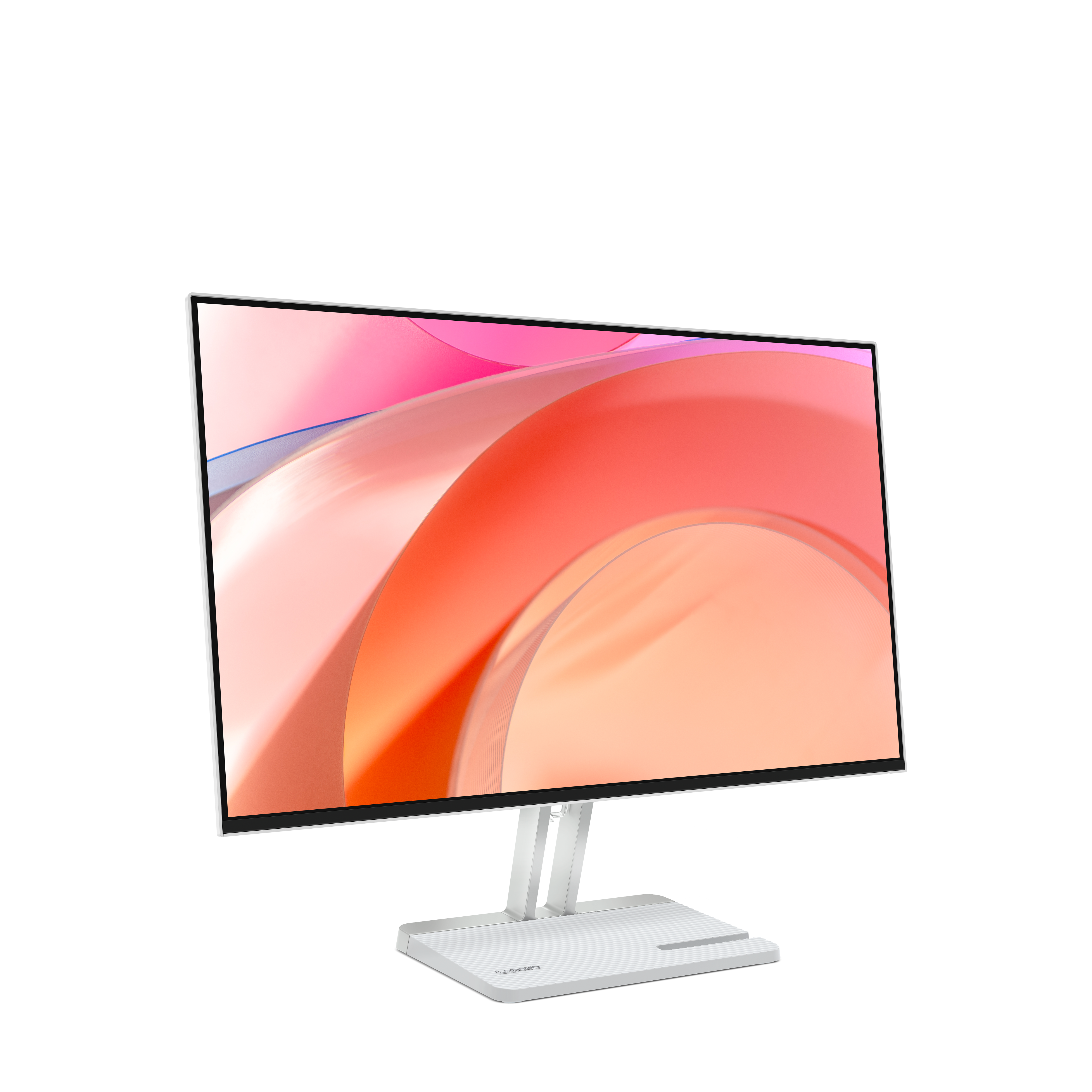 Soyut pembe ve turuncu arka plana sahip beyaz bir monitör. Minimalist tasarım.