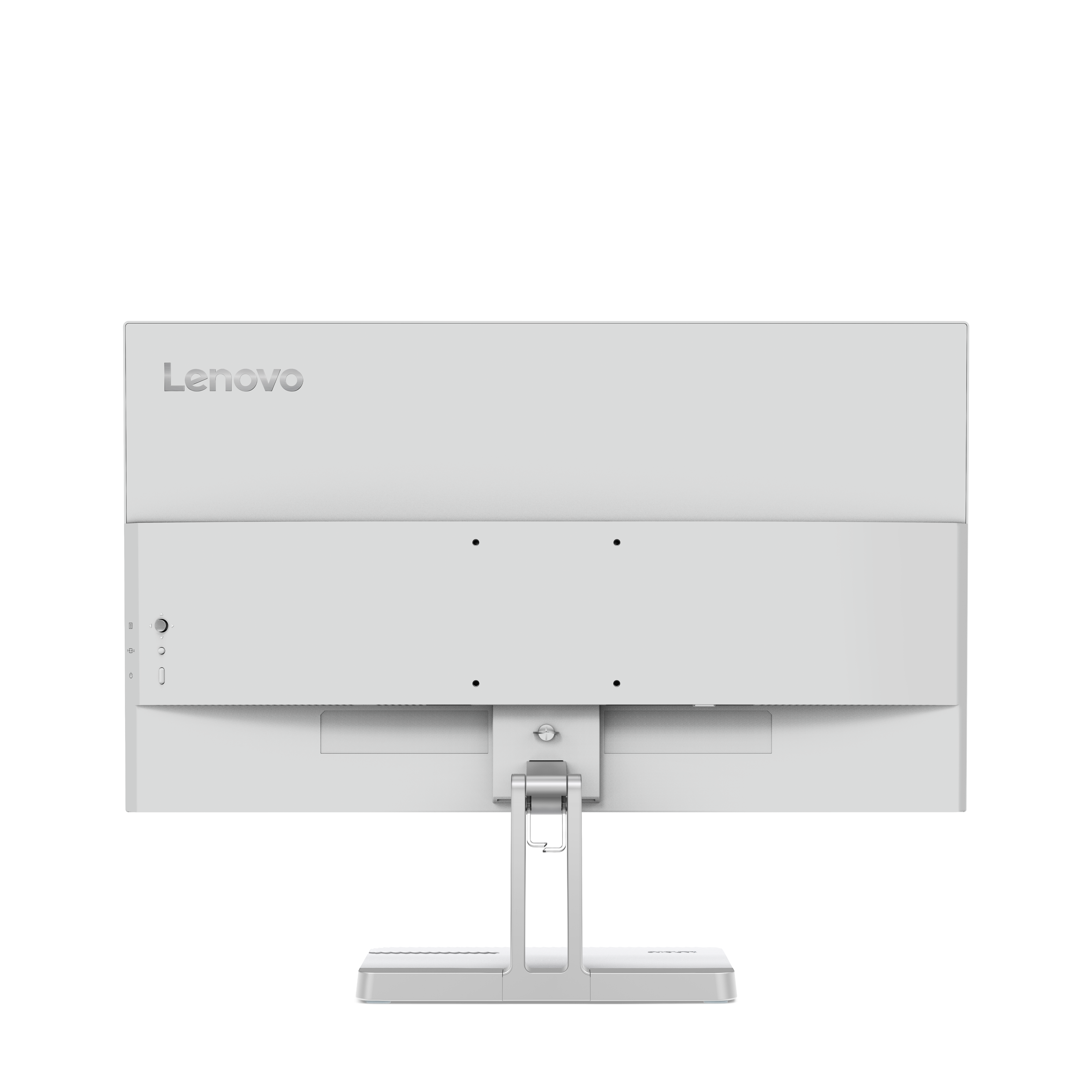 Gümüş ayaklı ve bağlantı noktalarına sahip beyaz Lenovo monitörün arkası.