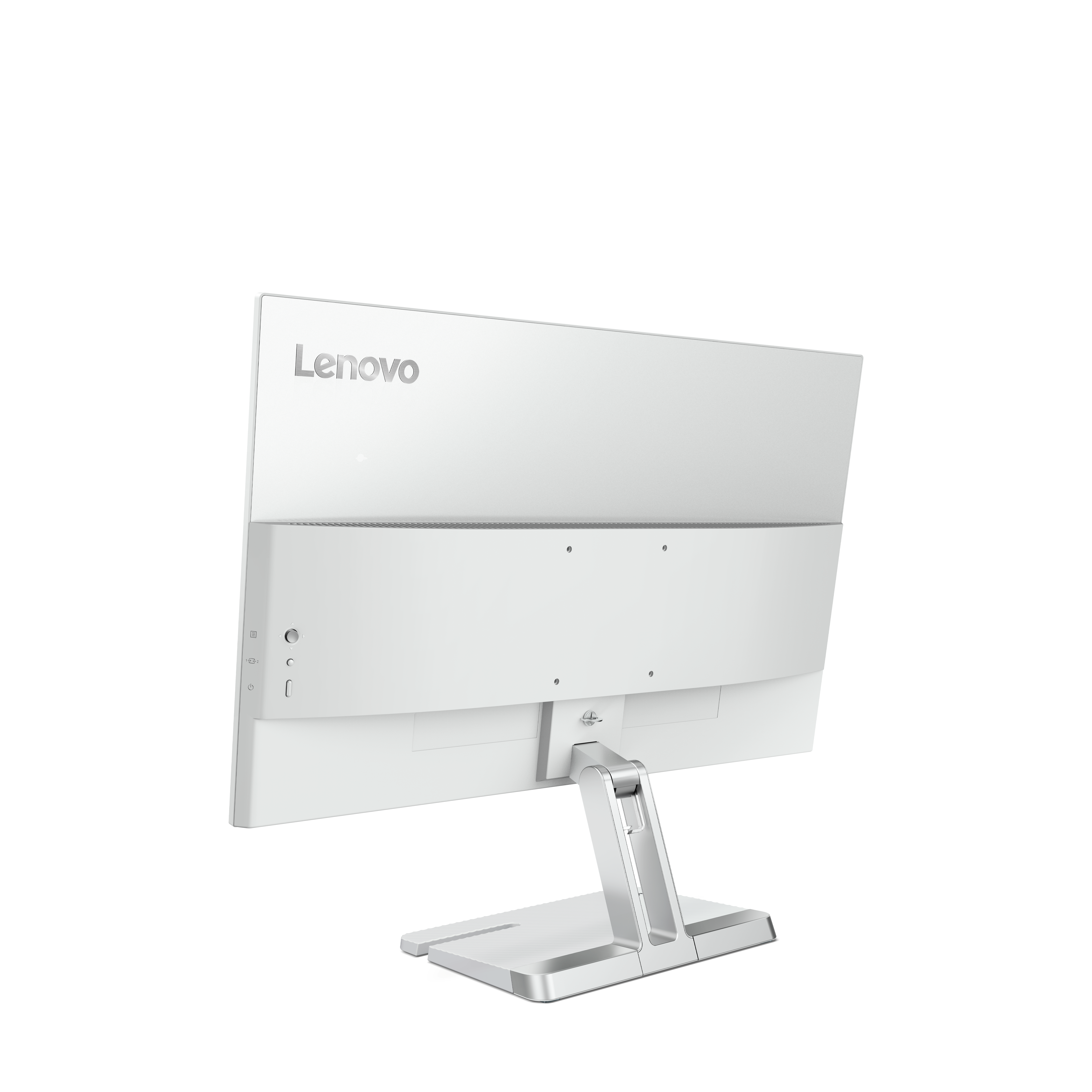 Gümüş standı ve kontrolleri olan beyaz Lenovo monitörün arka görünümü.