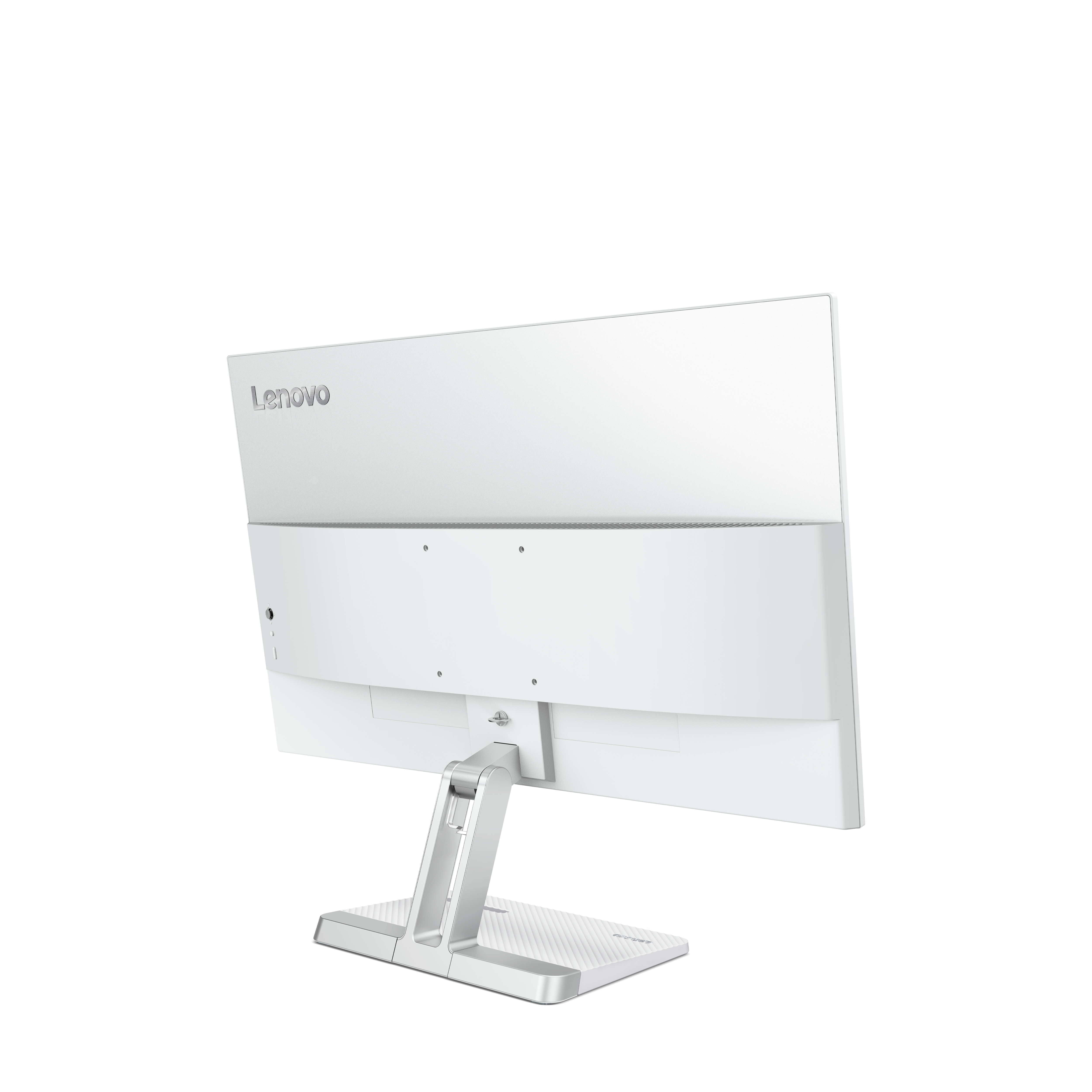 Gümüş ayaklı beyaz Lenovo monitörün arka görünümü, siyah arka plan üzerinde.