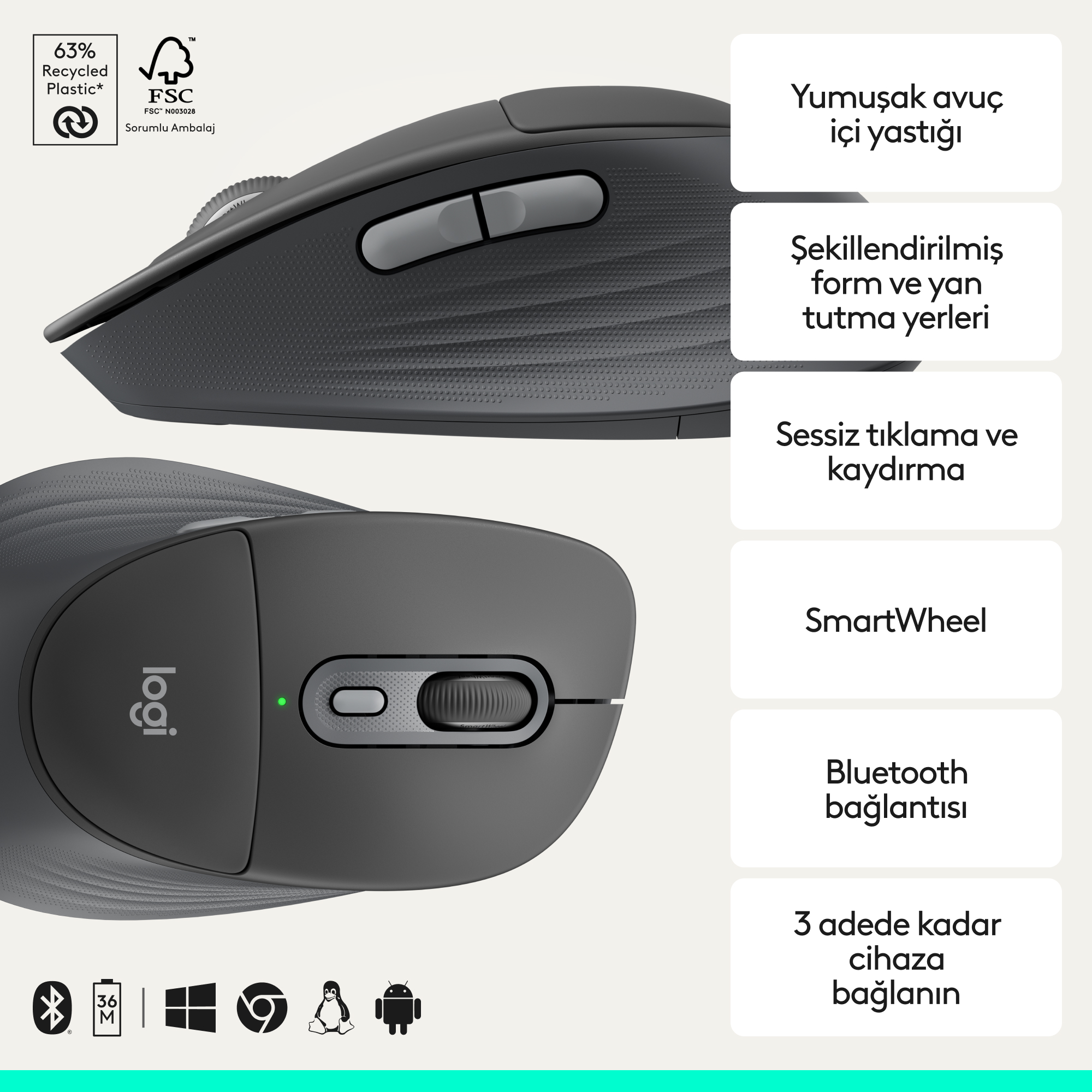 Gri Logitech fare, kaydırma tekerleği ve düğmeleriyle. %63 geri dönüştürülmüş plastik.