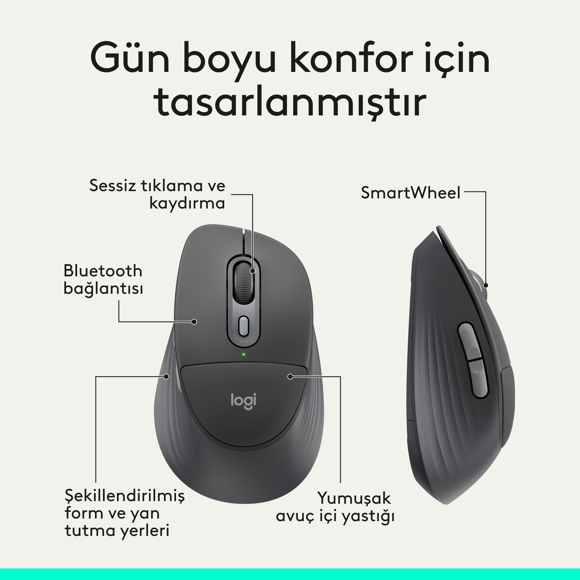 Sessiz tıklama, SmartWheel ve Bluetooth etiketli gri Logitech fare.