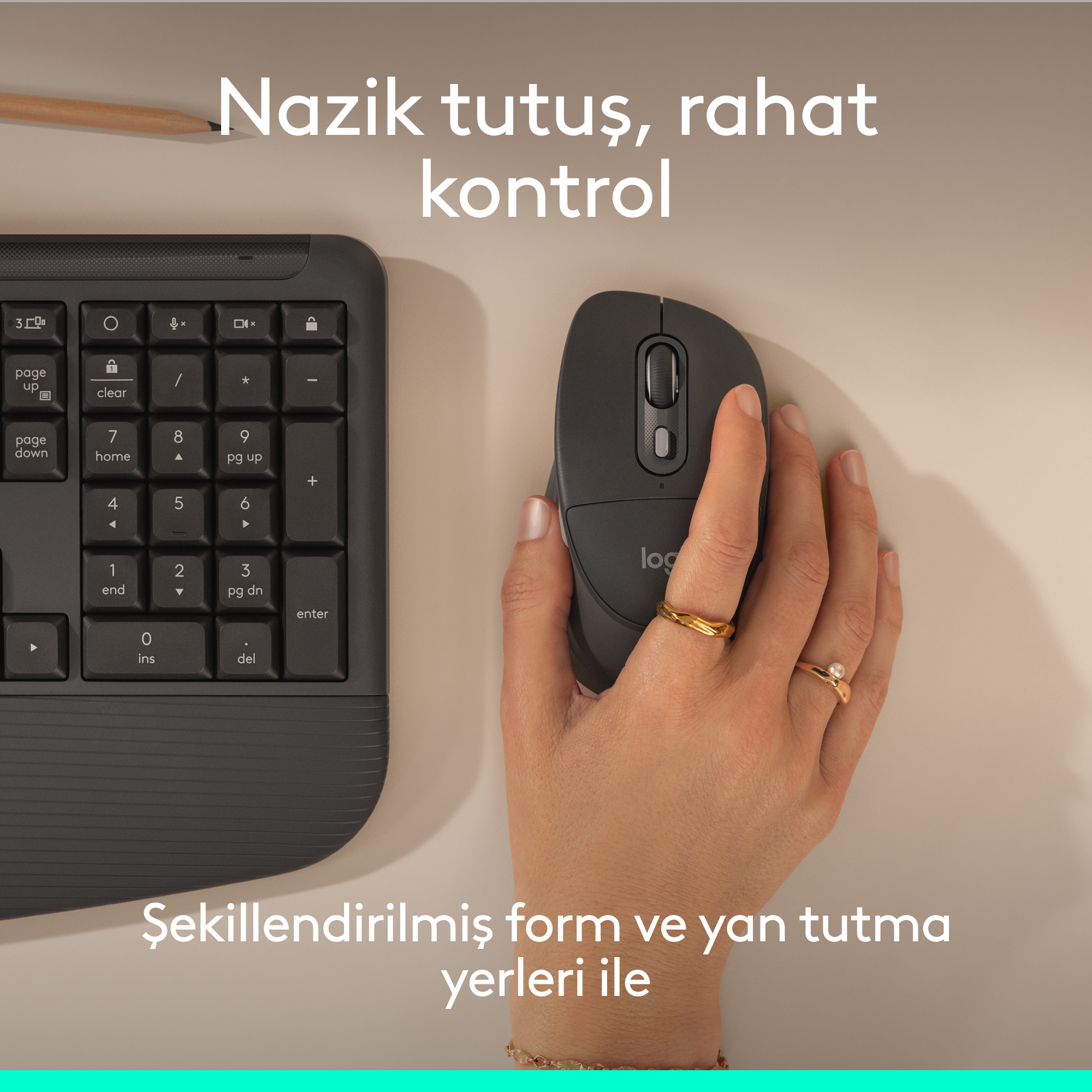 Bir el, sayısal tuş takımına sahip bir klavyenin yanında koyu renkli fare tutuyor.
