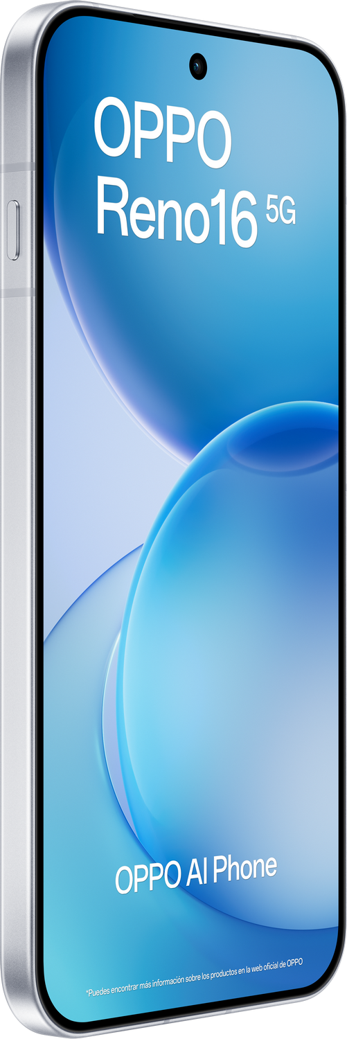 Teléfono plateado OPPO Reno16 5G con fondo azul y texto.