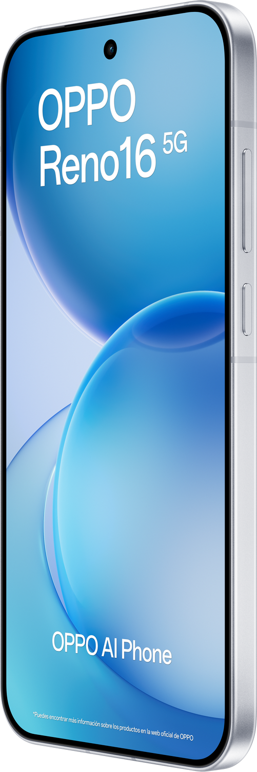 Smartphone plateado OPPO Reno16 5G con fondo gráfico azul.