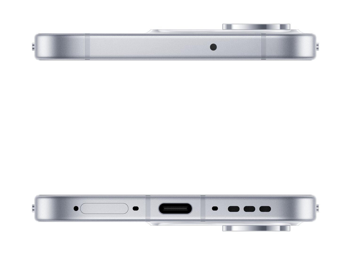 Smartphone plateado, vistas superior e inferior con puertos y rejillas de altavoz.