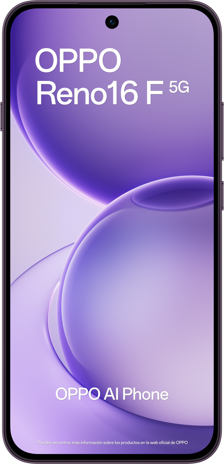 Un smartphone OPPO Reno16 F 5G con fondo morado y texto.