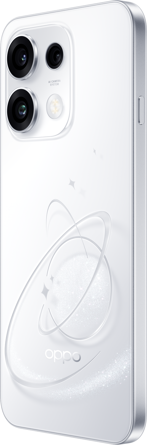 Un smartphone Oppo blanco con sistema de cámaras, brillo y círculos abstractos.