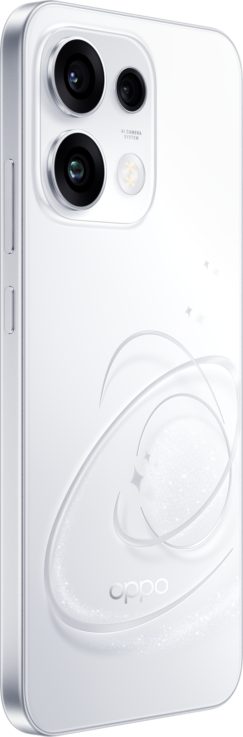 Un smartphone OPPO blanco con módulo de cámara y patrón estrellado.