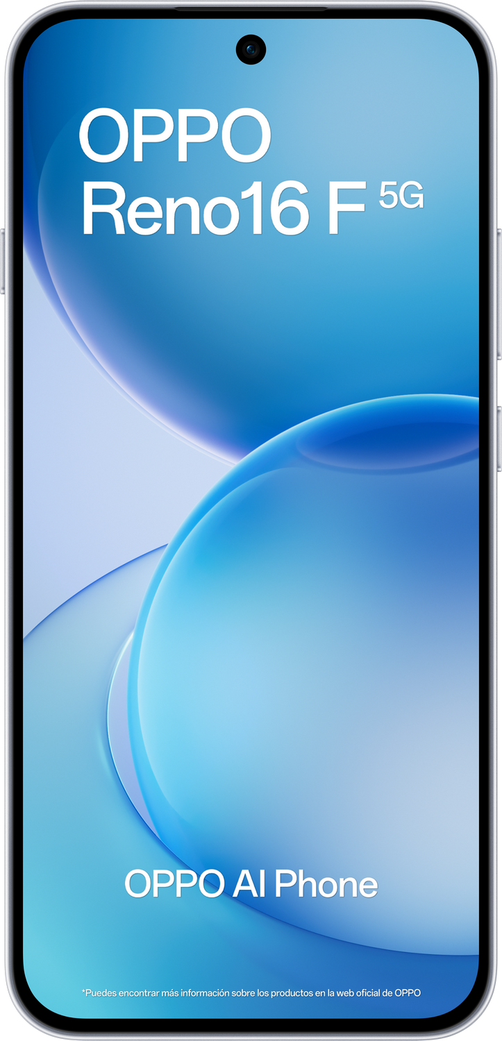OPPO Reno16 F 5G y OPPO AI Phone sobre fondo azul.