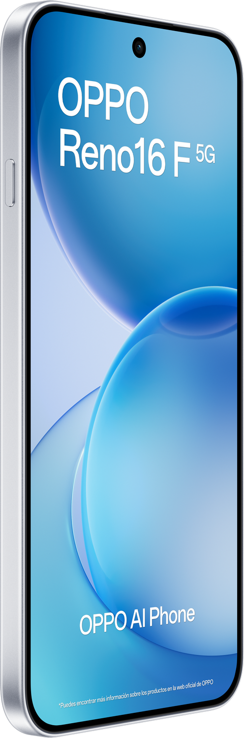 Teléfono plateado OPPO Reno16 F 5G con fondo azul y patrón de ondas.