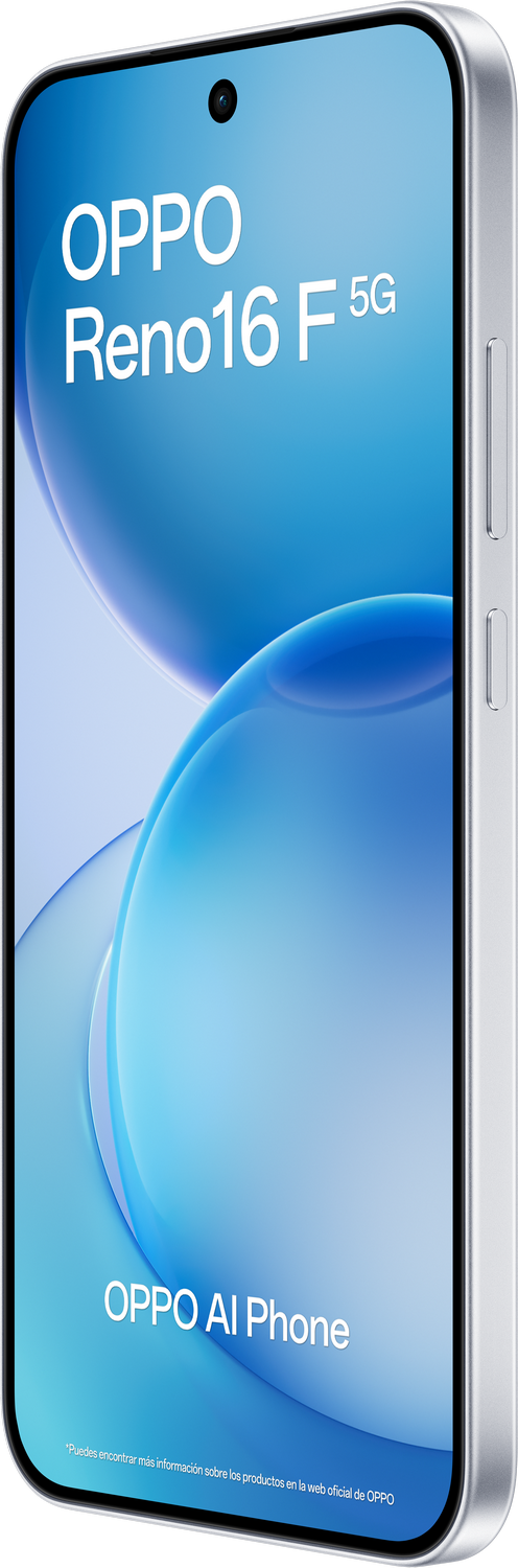 Smartphone plateado con fondo azul. Texto: OPPO Reno16 F 5G.