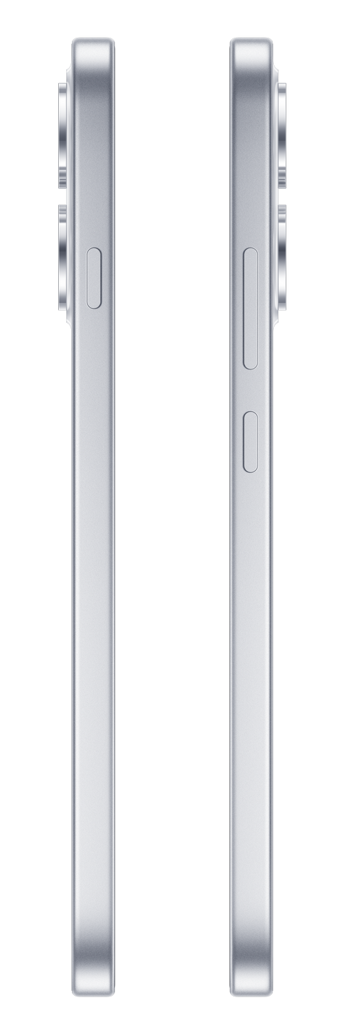 Dos smartphones plateados uno al lado del otro, vista de perfil. Un teléfono tiene botones.