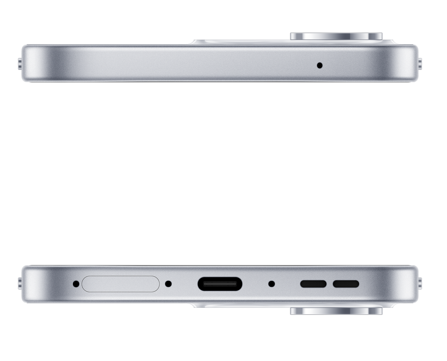 Arriba y abajo: Vista lateral de un smartphone plateado con puertos y botones.