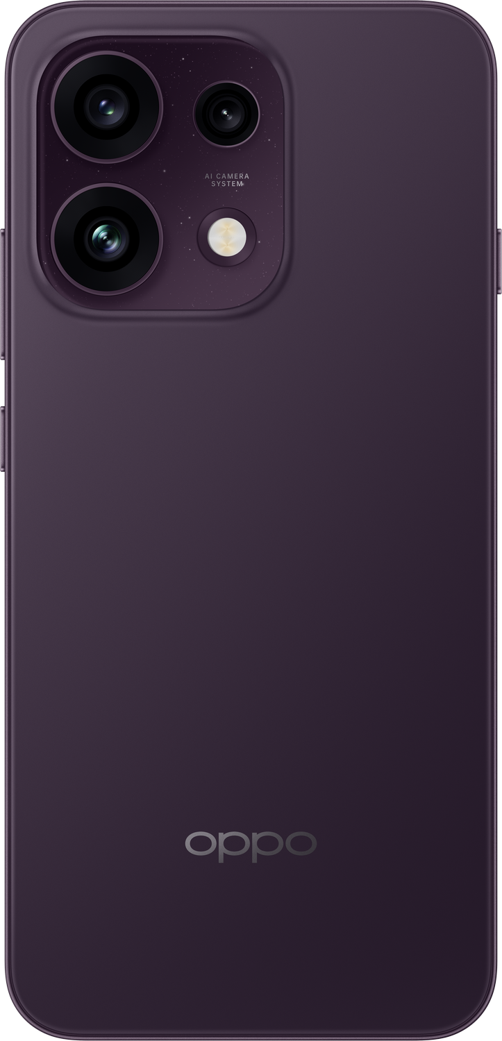 Teléfono inteligente morado con sistema de triple cámara y logo OPPO.