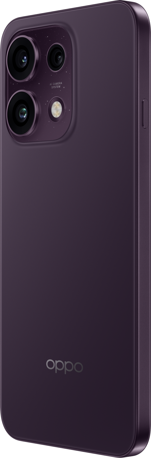 Parte trasera de un smartphone morado con tres cámaras y el logo de Oppo.