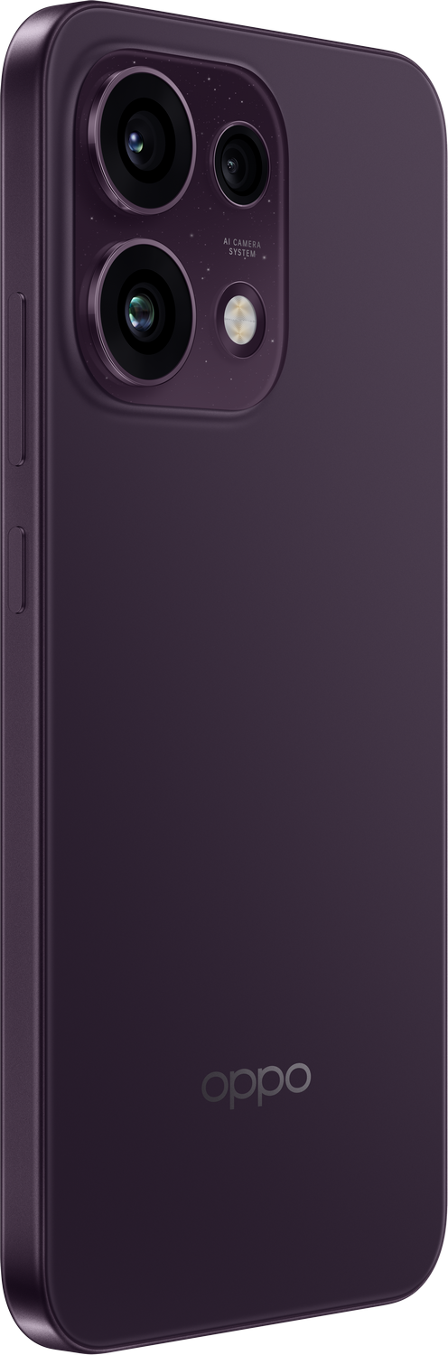 Un smartphone OPPO morado con tres cámaras y texto 'AI CAMERA SYSTEM'.