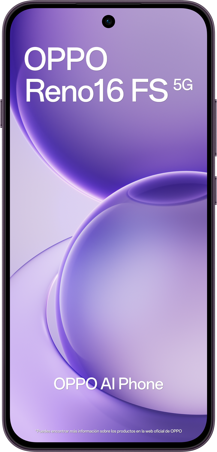 Un teléfono OPPO Reno16 FS 5G con texto OPPO AI Phone sobre fondo púrpura.