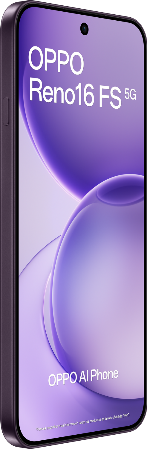 Teléfono IA Oppo Reno16 FS 5G morado con cámara frontal y fondo morado abstracto.