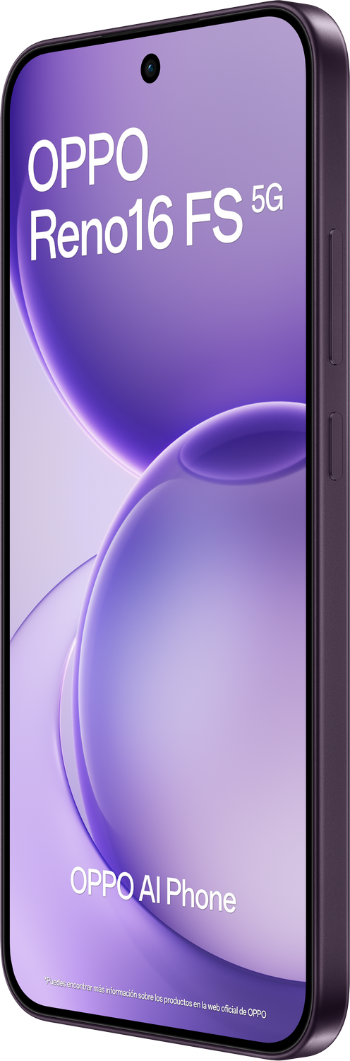 Smartphone OPPO Reno16 FS 5G morado con texto "OPPO AI Phone".