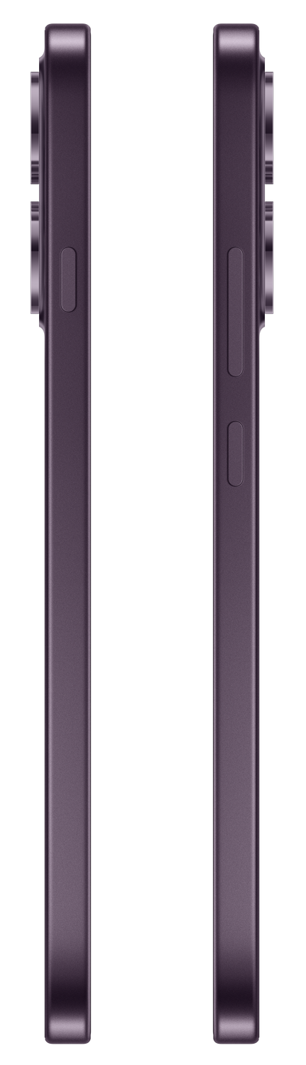 Dos teléfonos inteligentes morados en perfil, uno al lado del otro, sobre fondo gris.