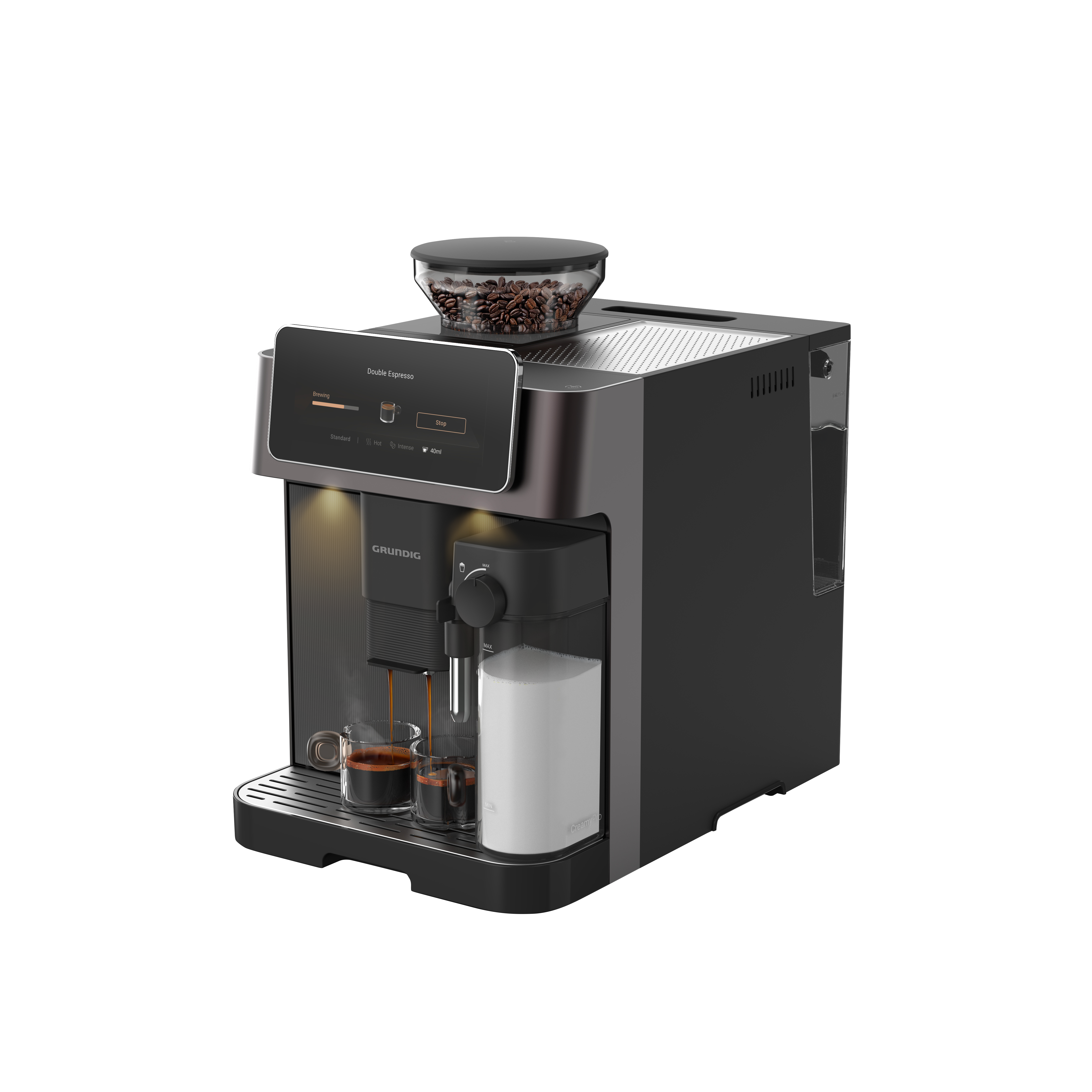 Süt sürahili siyah kahve makinesi, bardaklara espresso demliyor ve üstünde çekirdekler var.