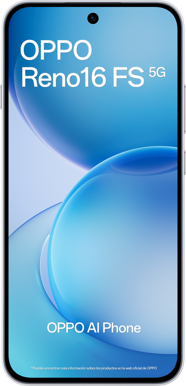 Un smartphone OPPO Reno16 FS 5G con marca OPPO AI Phone sobre fondo azul.