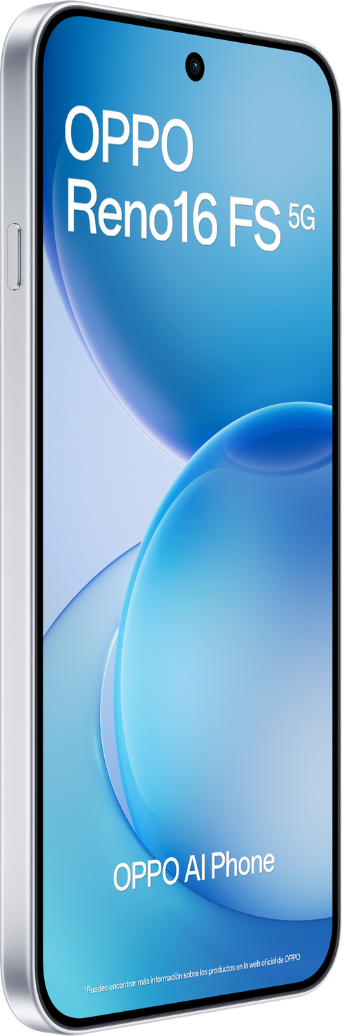 Smartphone plateado OPPO Reno16 FS 5G con gráficos de burbujas azules.